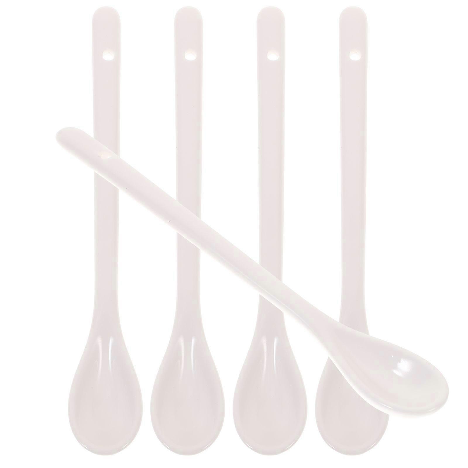 5pcs Large Soup Spoon Ceramic Long Handle Coffee Scoop Kitchen Ladles for Eating Soup Porridge (White)