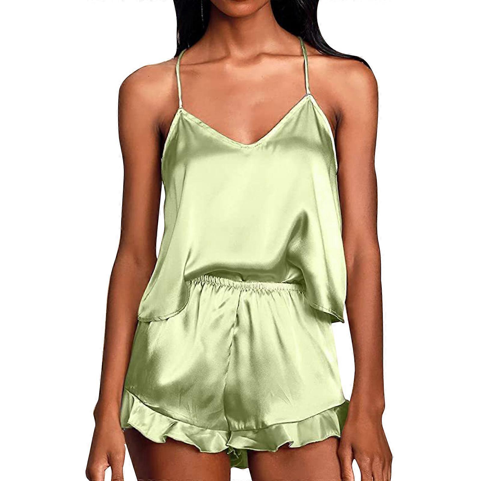 Femmes Satin Sexy Volanté Pyjama Ensemble Col V Sans Manches Camisole Débardeur et Jambe Large Shorts Couleur Unie Vêtements de nuit Vêtements de nuit jaune vert XL