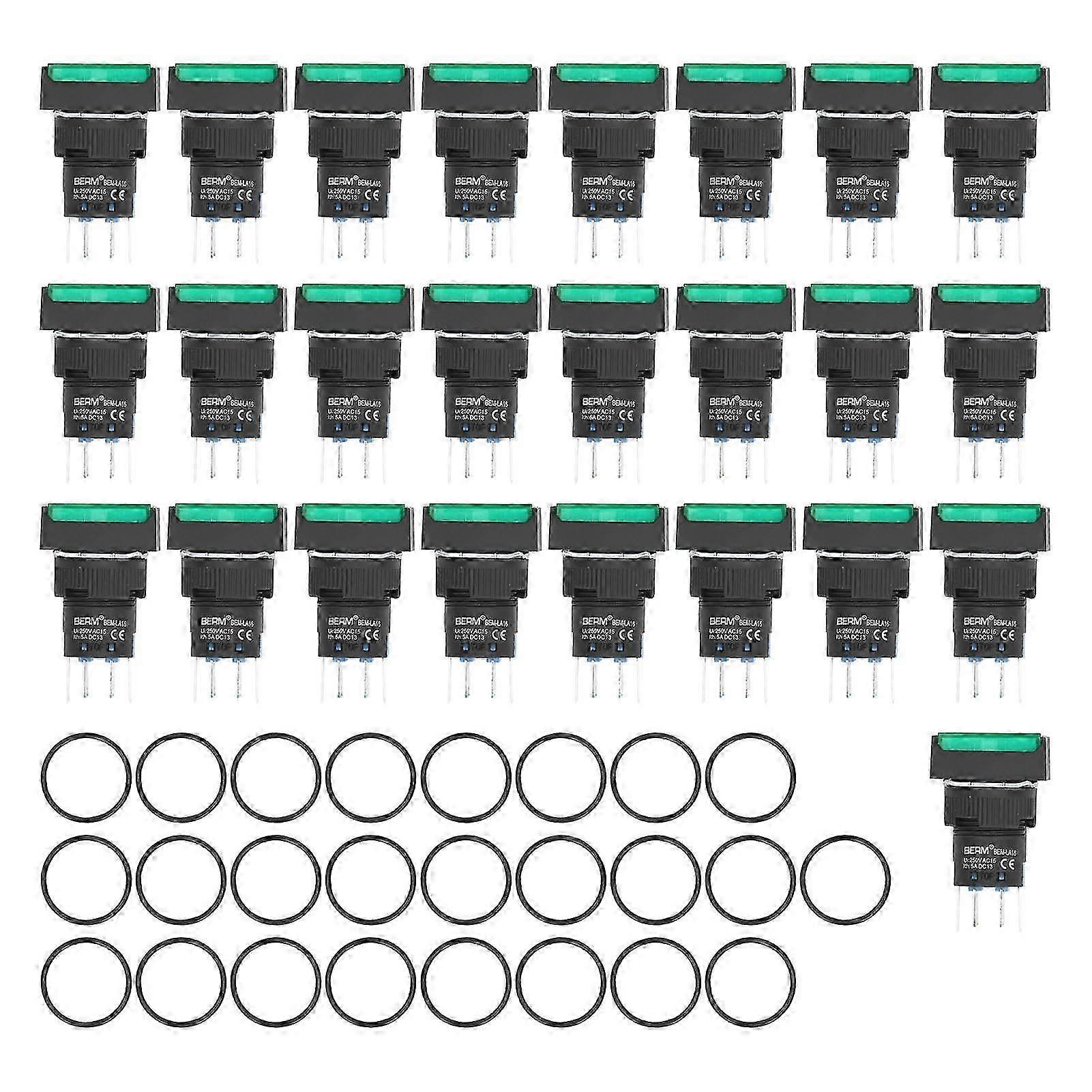 25Pcs Momentary Push Button Switch Self Locking Rectangle with Light 220V BEMLA1622DSJ 16mm(Green )