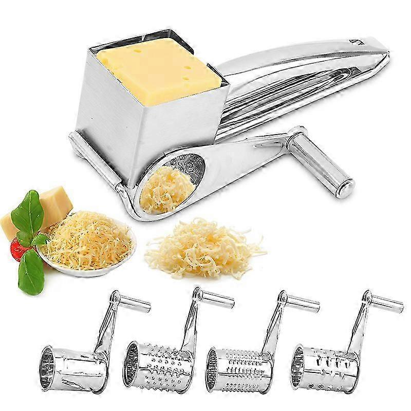 Stainless Steel Cheese Grater Set with 4 Drums, Hand Crank Rotary Cheese Cutter, Slicer and Shredder Kitchen Gadgets for Efficient Food Prep