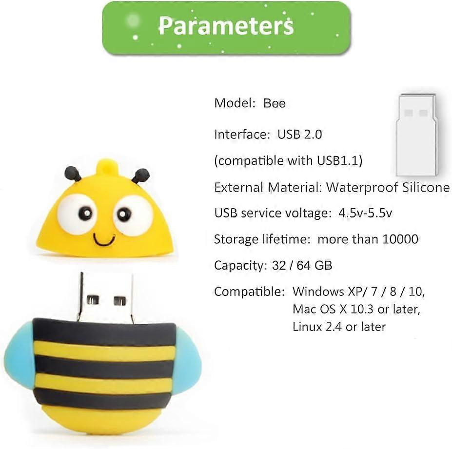 BorlterClamp Cute Memory Stick USB Drive Thumb Drive for External Data Storage 64GB USB Flash Drive Bee-Shaped