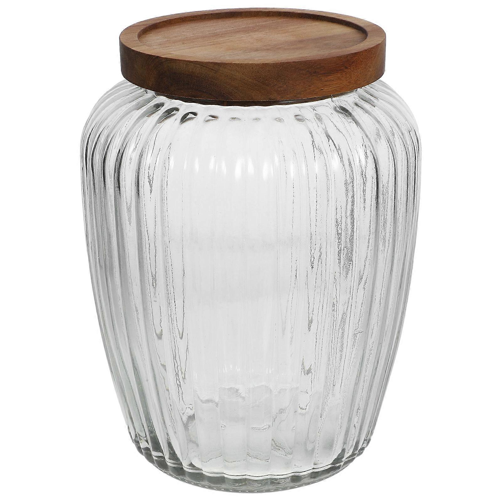 Glass Storage Container Sealed Freshness Jar For Candy Snack Retro Design Wooden Material 1Set