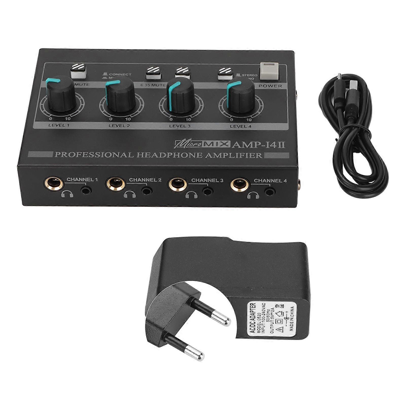 Amplificateur de casque AMP‑14II 4 canaux, amplificateur de casque stéréo compact 4 voies avec adaptateur 12 V 2 A pour studio et scène 100-240 V