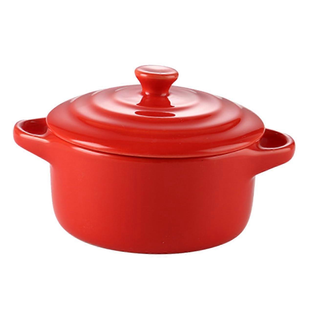 1 piece ceramic bowl with double handle and microwave lid red