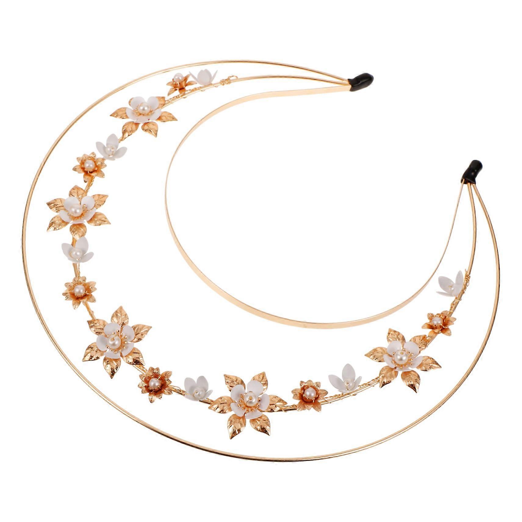 Halo Headband Goddess Crown Floral Headpiece with Pearl Accents for Women, Golden Lolita Hair Accessories, Flower Crown