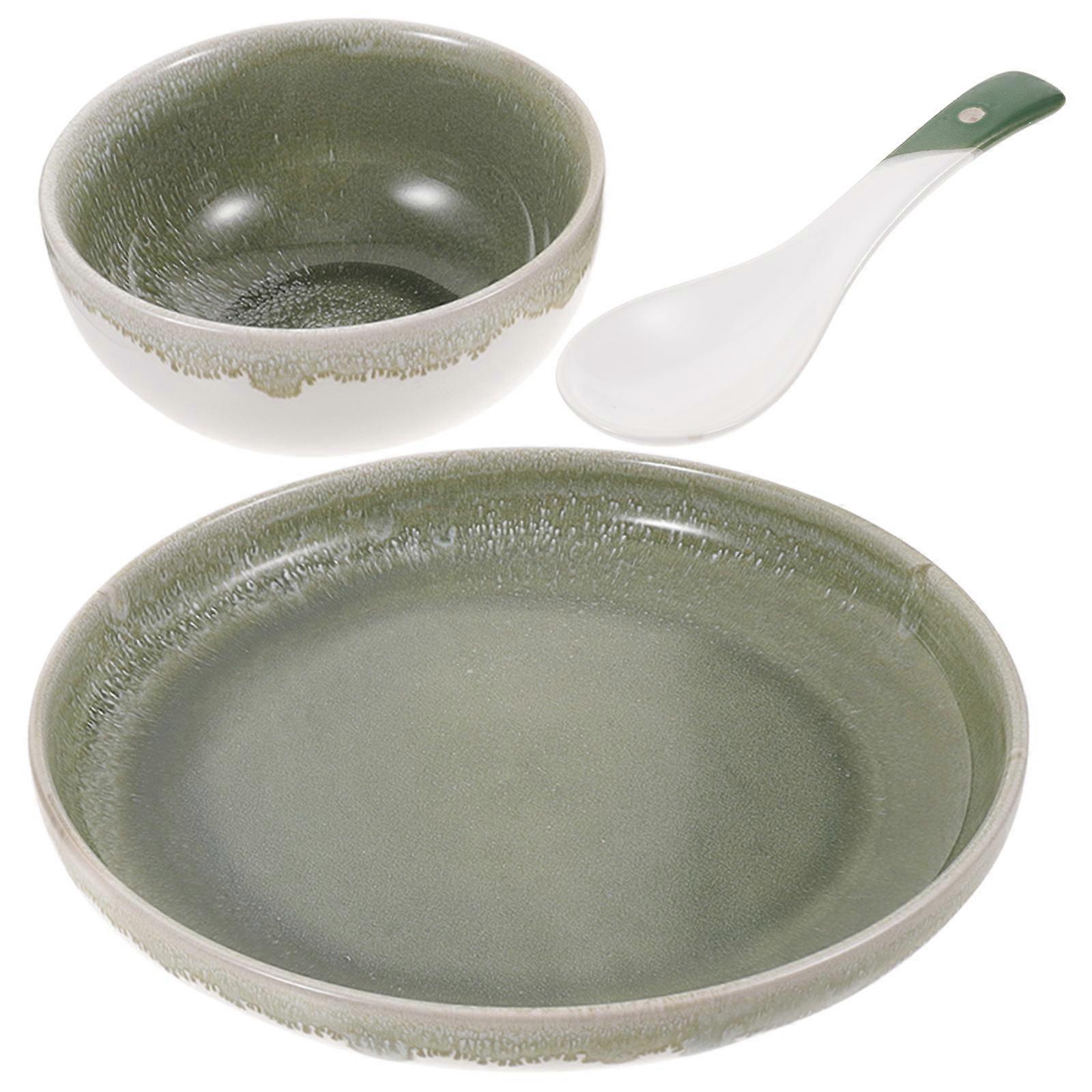 Ceramic Dinnerware Kit Single Person Tableware Set Household Dinnerware Cutlery Set Green Round 4.6×4.6×2.2in 1 Set