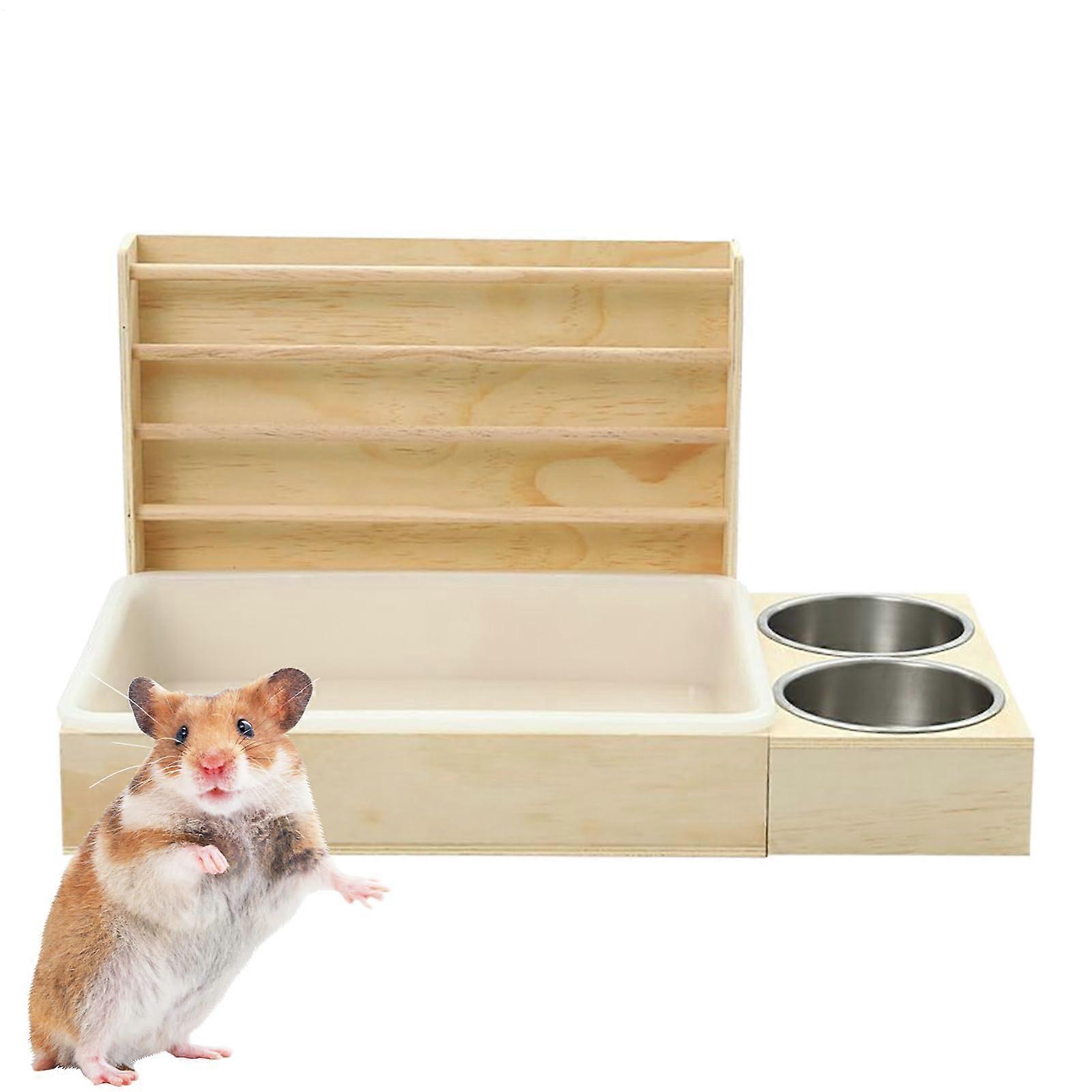 Wood Hay Dispenser with Box and Bowls for Rabbits, Chinchillas, and Hamsters - Anti-Waste Hay Feeder for Cages