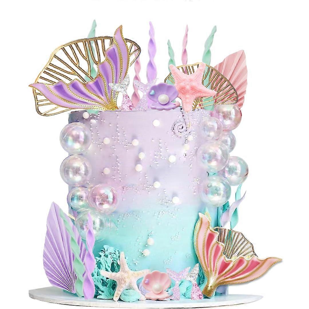 Mermaid Cupcake Toppers Set - Large Mermaid Tail, Seaweed, Bubbles, Shells & Golden Ginkgo Leaves for Under the Sea Theme