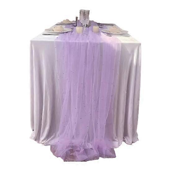 Chemin de table en gaze de 9,8 pieds Chemin de table en mousseline de soie Chemin de table avec de fausses perles Tissu de décoration de table à manger pour la fête d’anniversaire à la maison