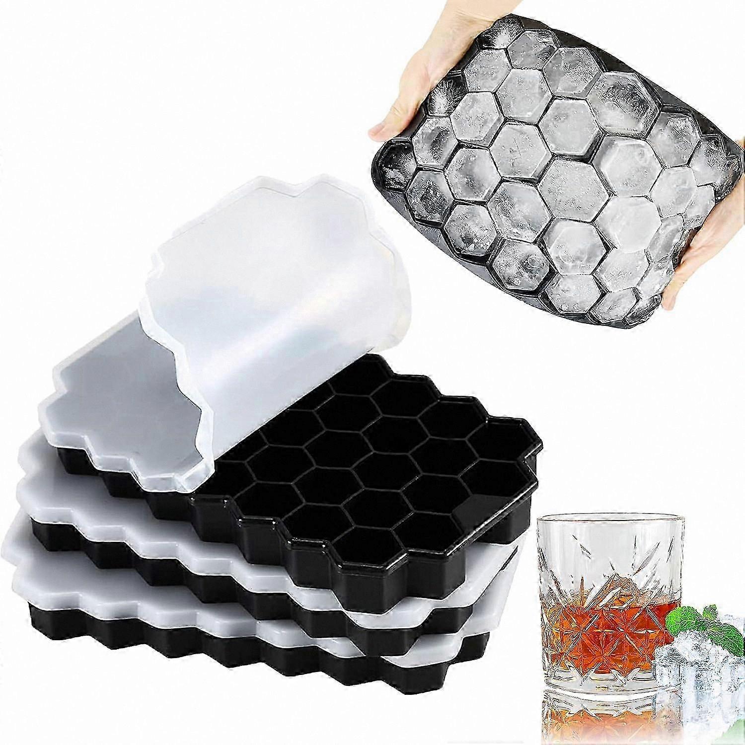 3-Pack Silicone Ice Molds with Stackable Covers, Easy-Release Design, Each Producing 37 Hexagon-Shaped Ice Cubes