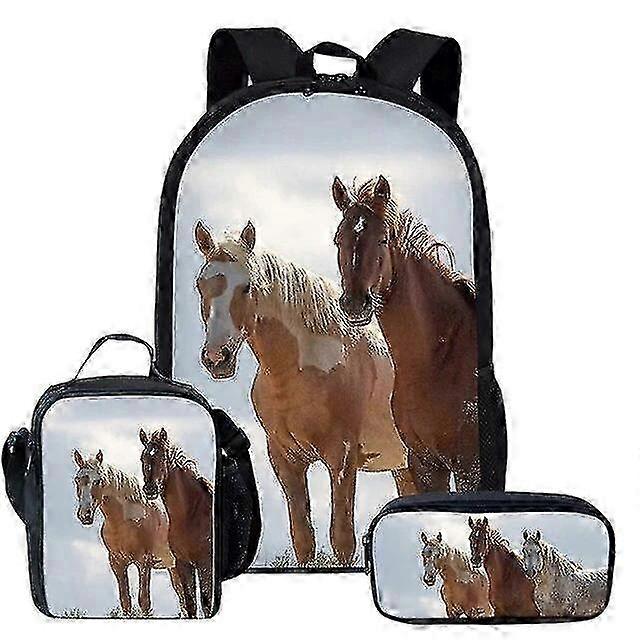 مجموعة حقيبة ظهر كبيرة السعة من Wild Horses Design للمدرسة - 3 قطع حقيبة كتب للأولاد والبنات Mochila Escolar مع حقيبة غداء