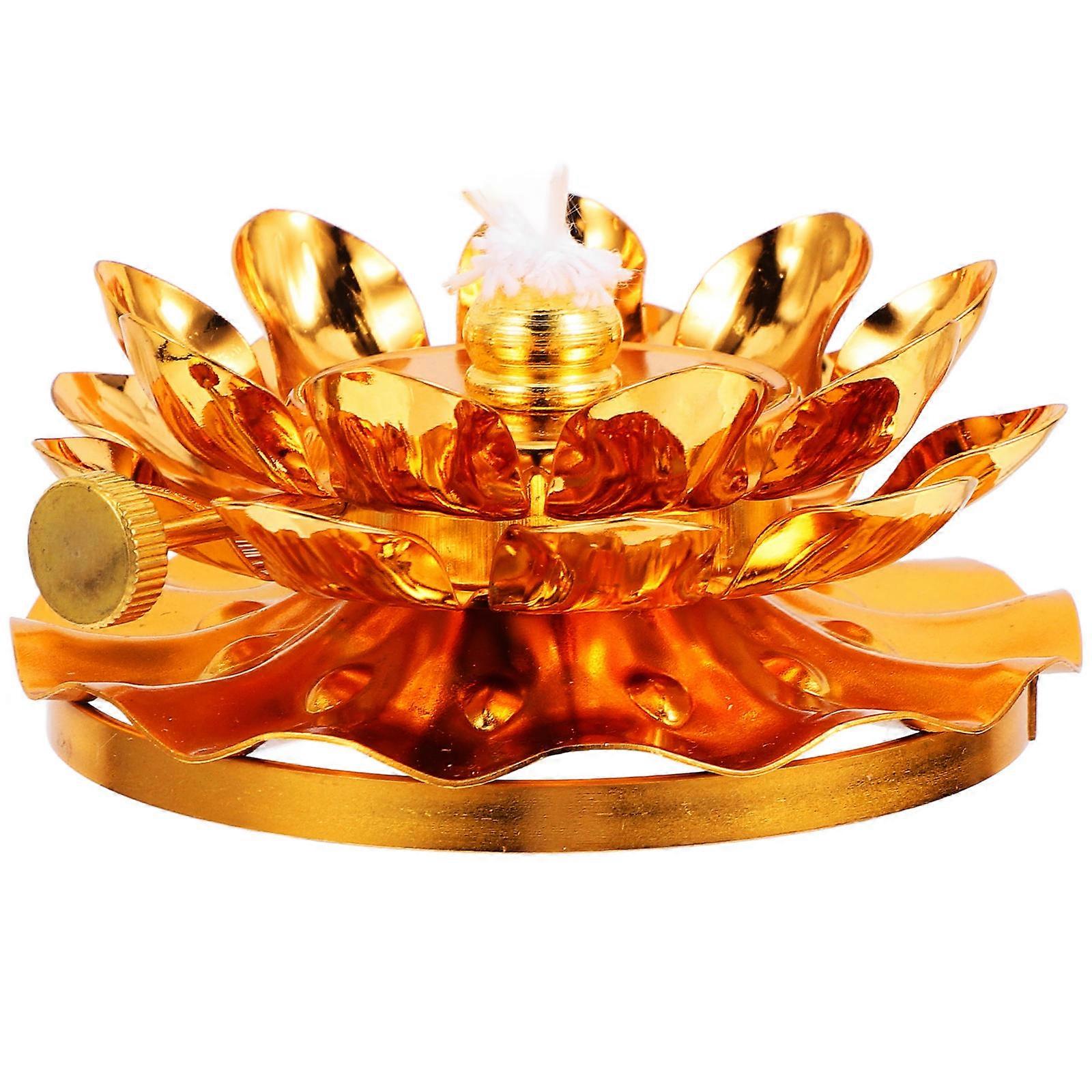 Golden Lotus Shaped Ghee Oil Lamp Holder for Home Use with Alloy Material and Adjustable Lighting 4.5 Inches