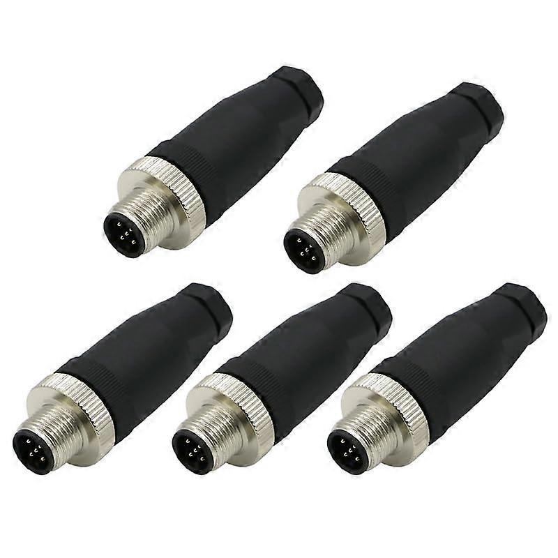 M12 5-Pin Plug Round Connectors Pack of 5, 12mm Wired Sensor, IP67 Unshielded A Code Straight Plug 125V 4A Male
