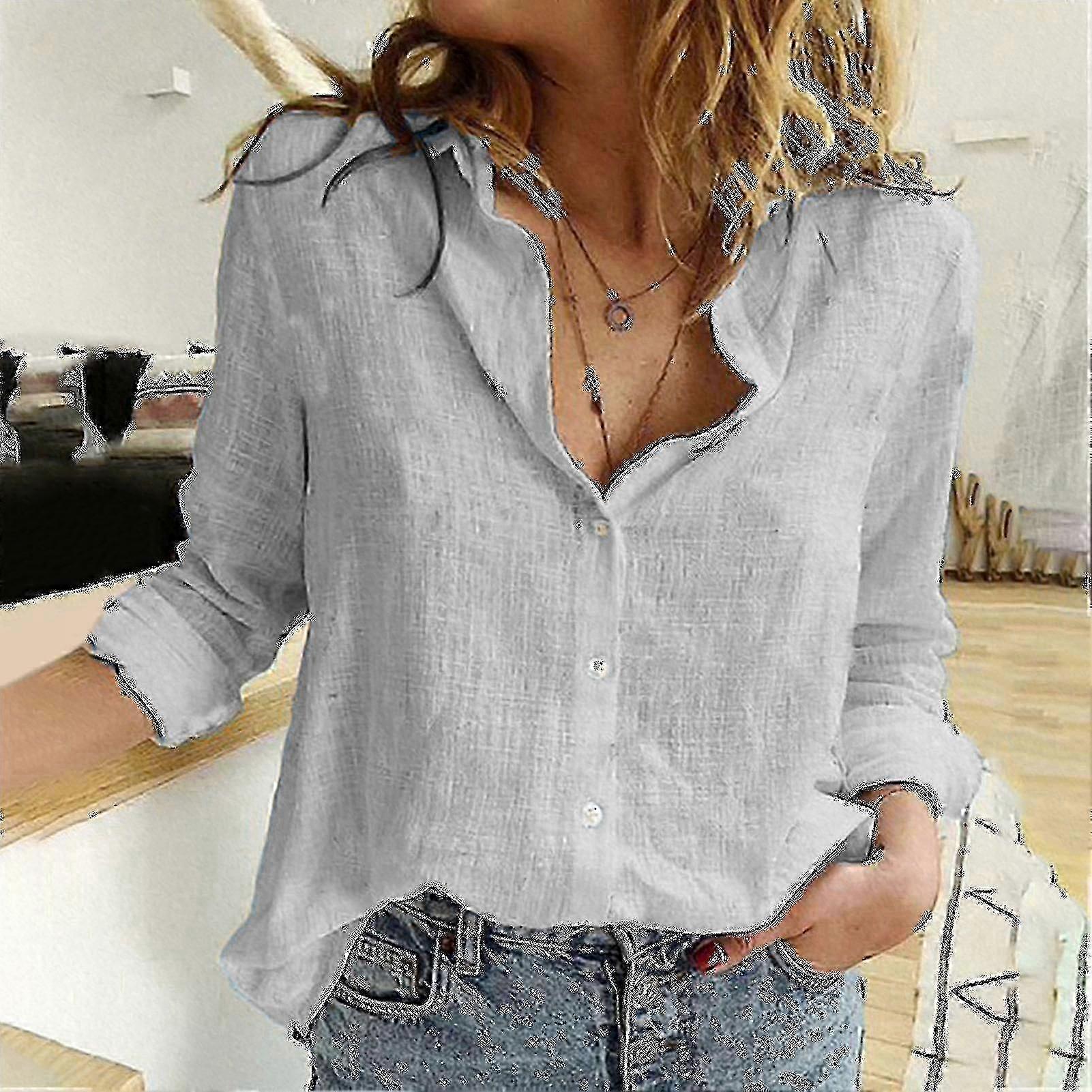Women's Casual Linen Solid Color Button Front Lapel Summer Blouse by Yaying