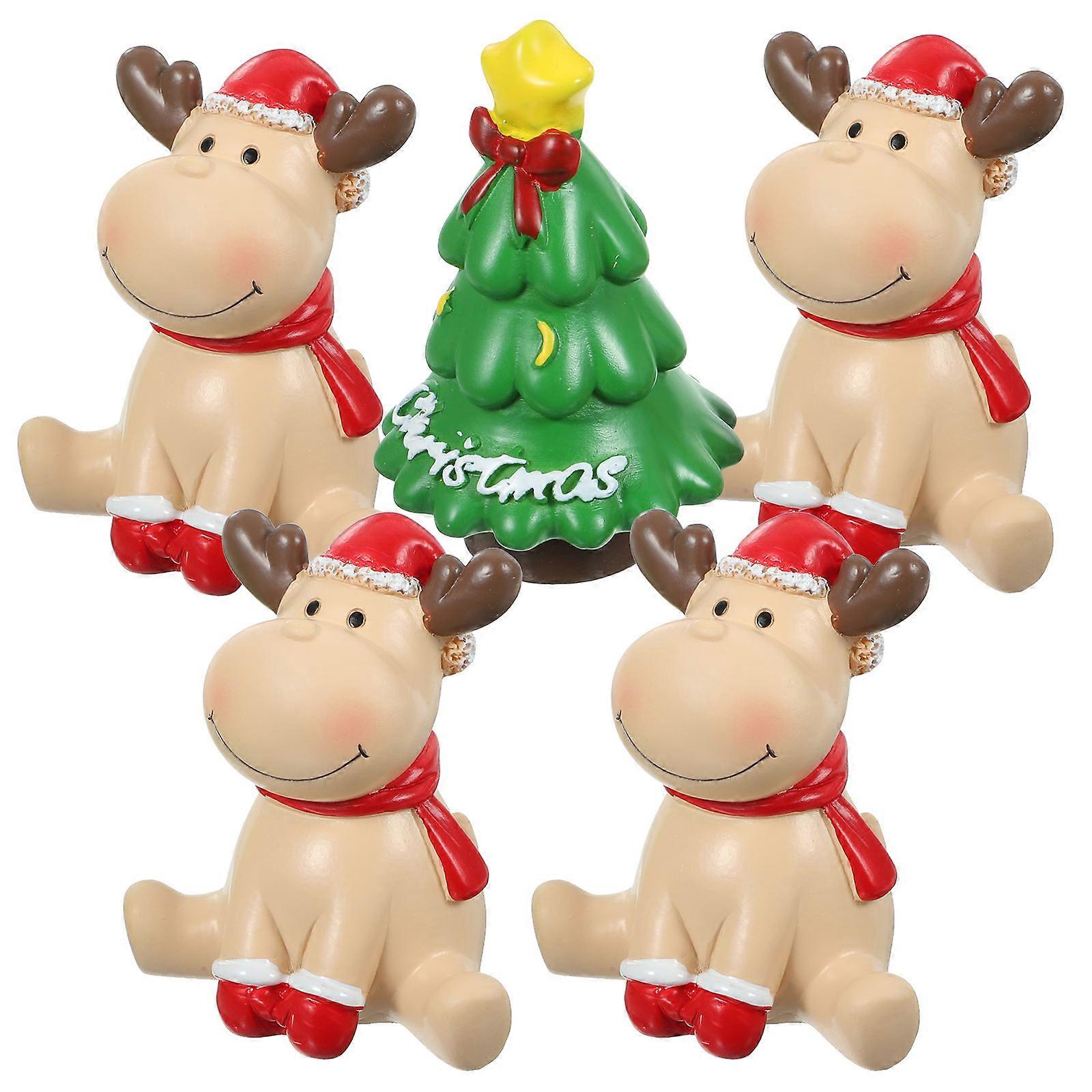5pcs Mini Resin Christmas Figurines, Small Xmas Ornaments with Elk and Tree, Realistic Tabletop Decor for Home, Bedroom, Study Room, Party, Compact