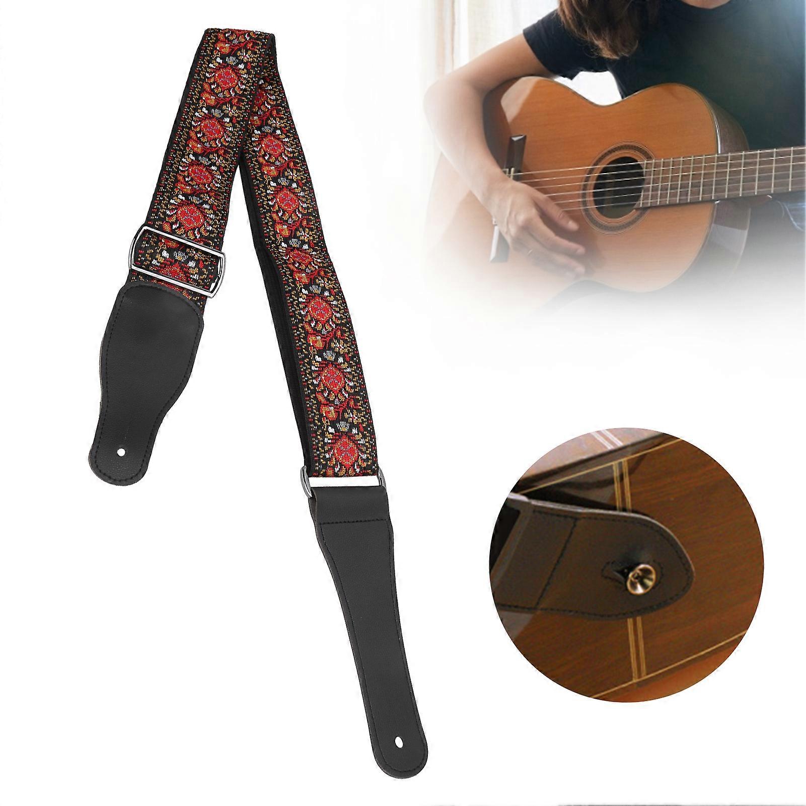 Red Black Embroidered Grain Leather Guitar Strap Adjustable 100-150cm
