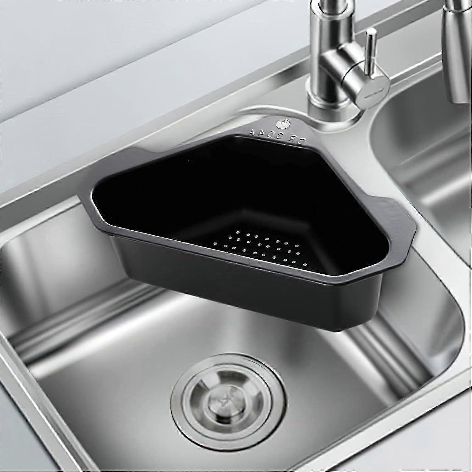 Colander Sink Storage Rack, Stainless Steel Sink Drainer Strainer Corner Triangular Filter Drainage Tray with Suction Cup for Kitchen Bathroom Sink