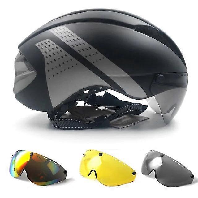 Aero Time Trial Bike Helmet With Goggles Lens - Road Cycling Safety Cap
