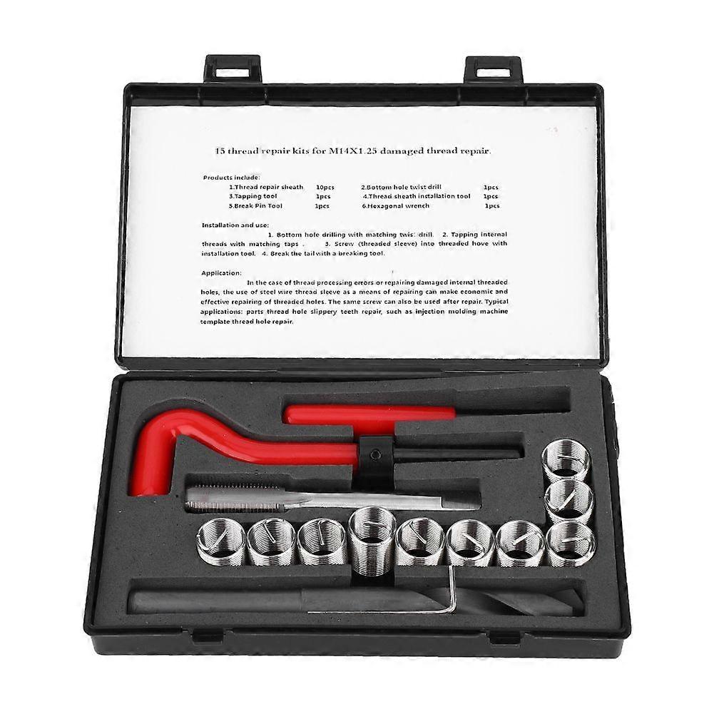 15Pcs Thread Repair Kit Stainless Steel Twisted Drill Wrench Threaded Insert for Car M14x1.25
