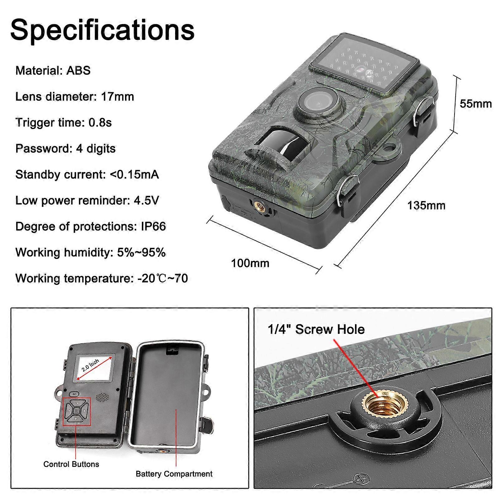 16MP 1080P Portable Day Night Photo Video Taking Trail Camera Multi-function Outdoor Huntings Animal Observation House Monitoring Camera Photo Video T