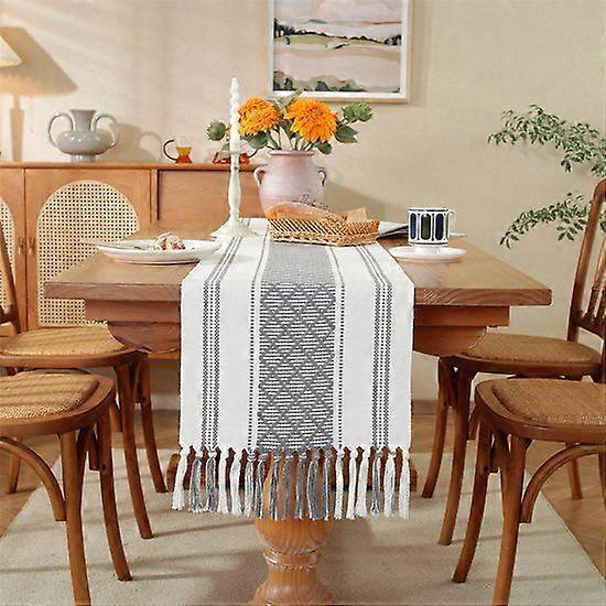 Bohemian Cotton and Linen Table Runner with Tassels - 35x228cm Diamond Shaped,