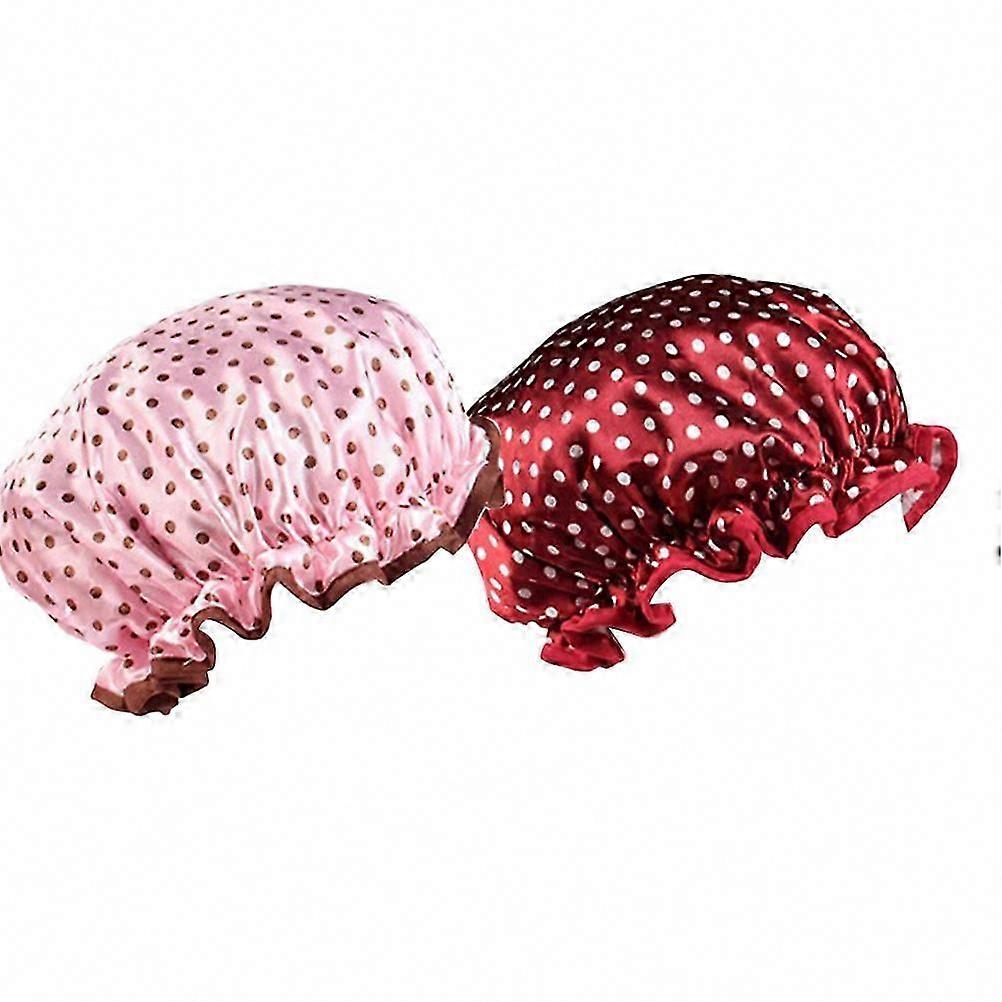 Waterproof Elastic Shower Cap with Dots Pattern for Women and Men, Wine Red Dots, 2-Pack