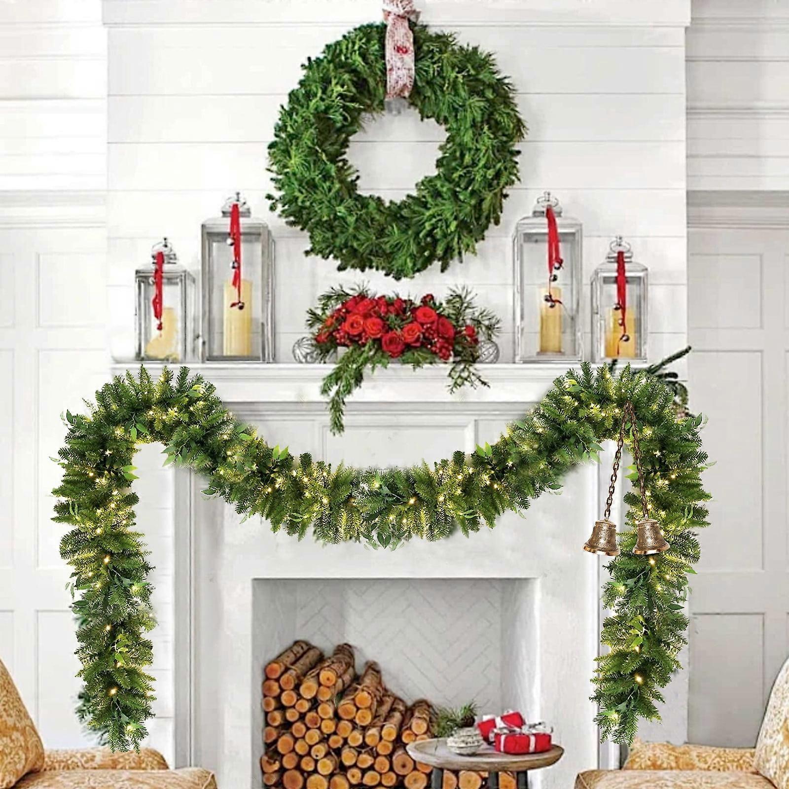 Christmas Garland 2.7M Lighted Wreath with LED String, Artificial Pines Needle Decoration for Mantelpiece Porch Tabletop Holiday