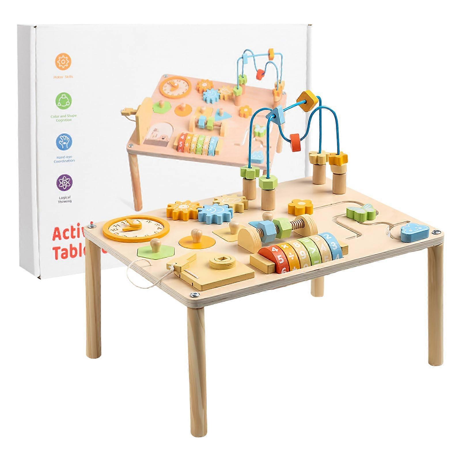 Activity Table, Wooden Learning Table With Shape Sorter And Bead Maze, Compact Preschool Toy For Toddlers And Daycare