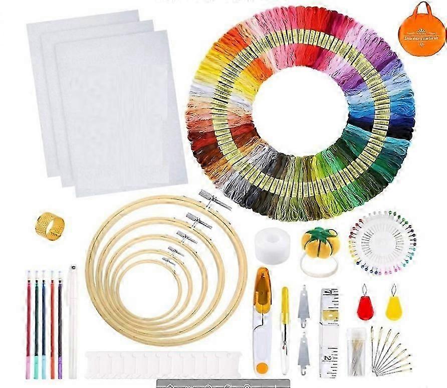 Embroidery Kit, Cross Stitch Kit with Instructions, 5 Bamboo Embroidery Hoops, 100 Colorful Threads, 3 Pieces Fabric and Cross Stitch Tools for Sewing