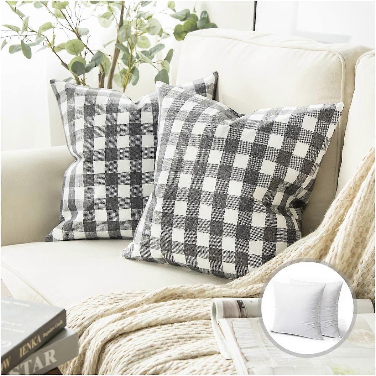 Phantoscope Checkers Series Square Decorative Throw Pillow with Inserts, Classic Retro Plaids, 18"x18", Gray/White, 2 Pack
