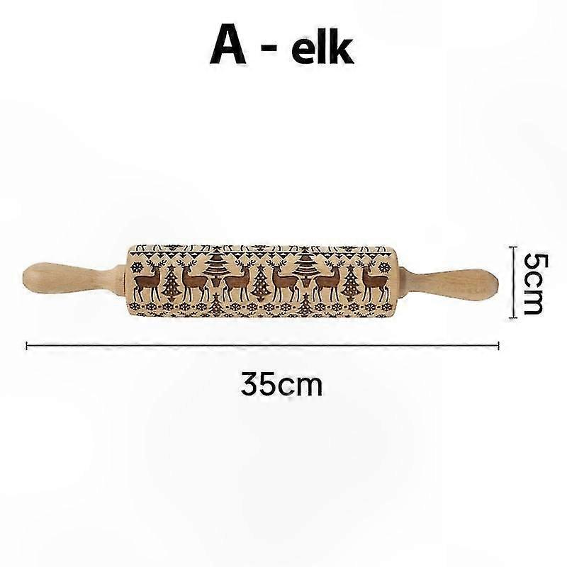 Wooden Snowflake and Elk Design Rolling Pin for Baking, 35x5cm Cookie and Fondant Eming Roller with Holiday Patterns