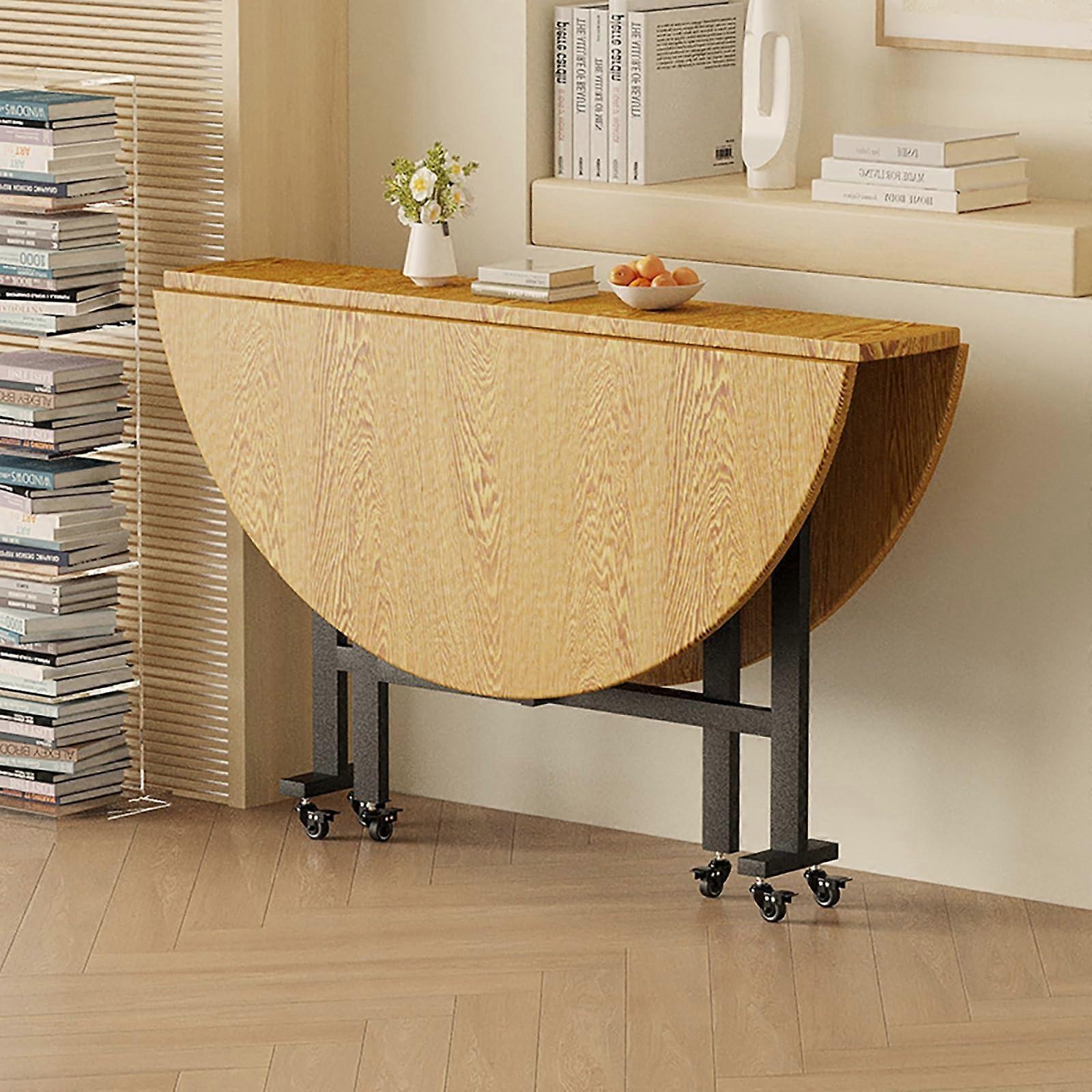 Round Dining Table 130 cm Wooden Kitchen Table Foldable And Expandable 6Wheel Base