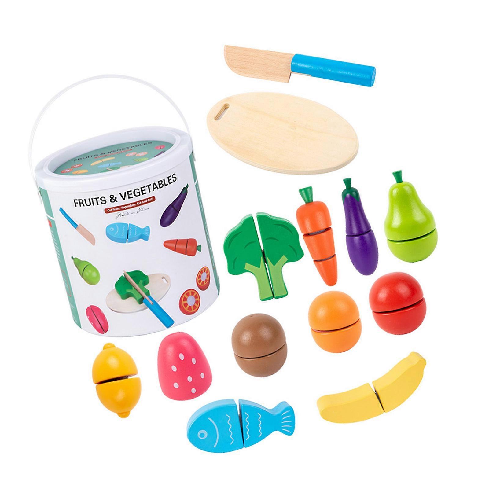 Realistic Wooden Fruit Veggie Pretend Cutting Playset For Cognitive Development Multicolor