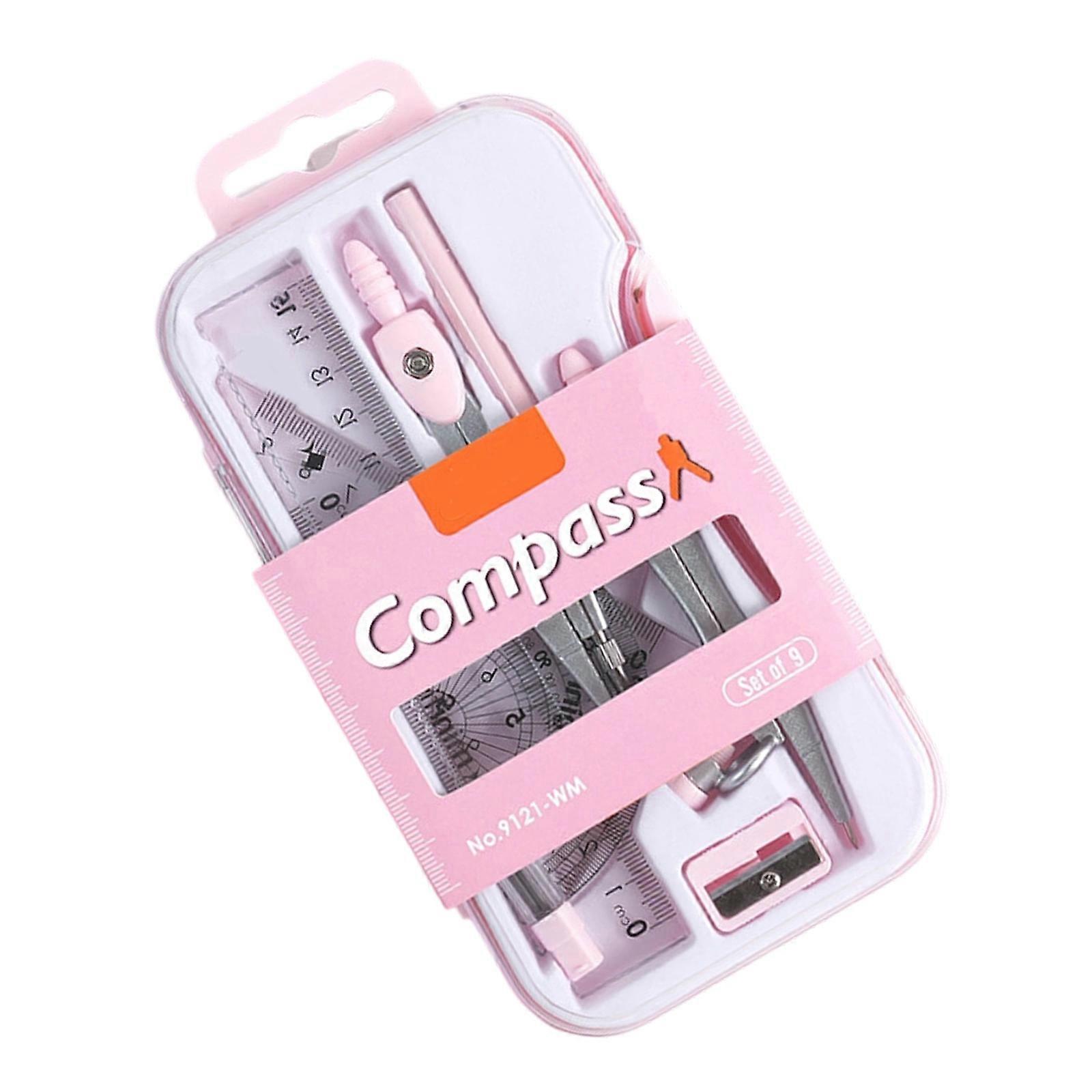 9Piece Geometry Compass and Ruler Set For Students With Storage Case, Plastic Drawing Tools For School And Office Use  Pink