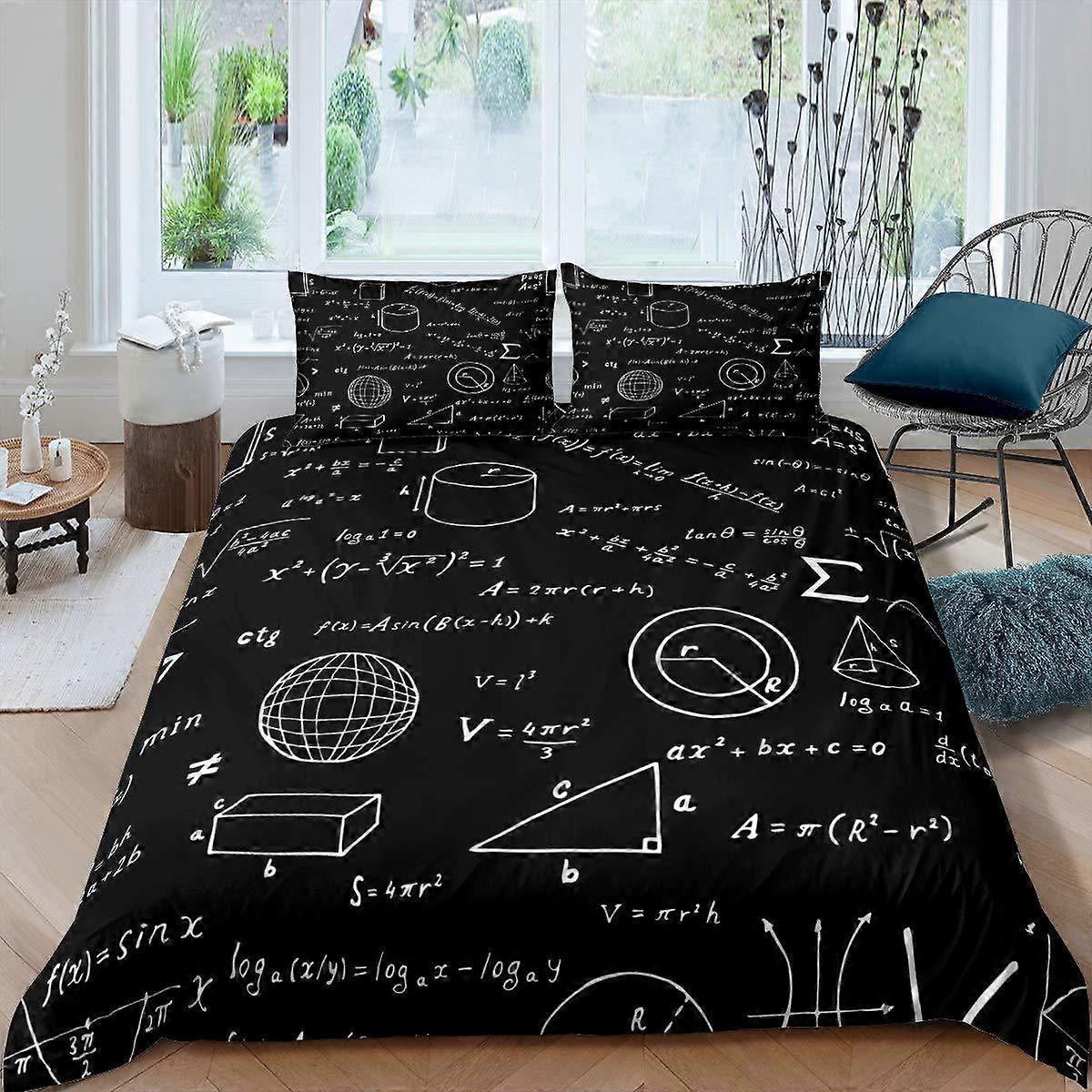 3D digitally printed bedding set for math students, featuring black numbers and geometry formulas.