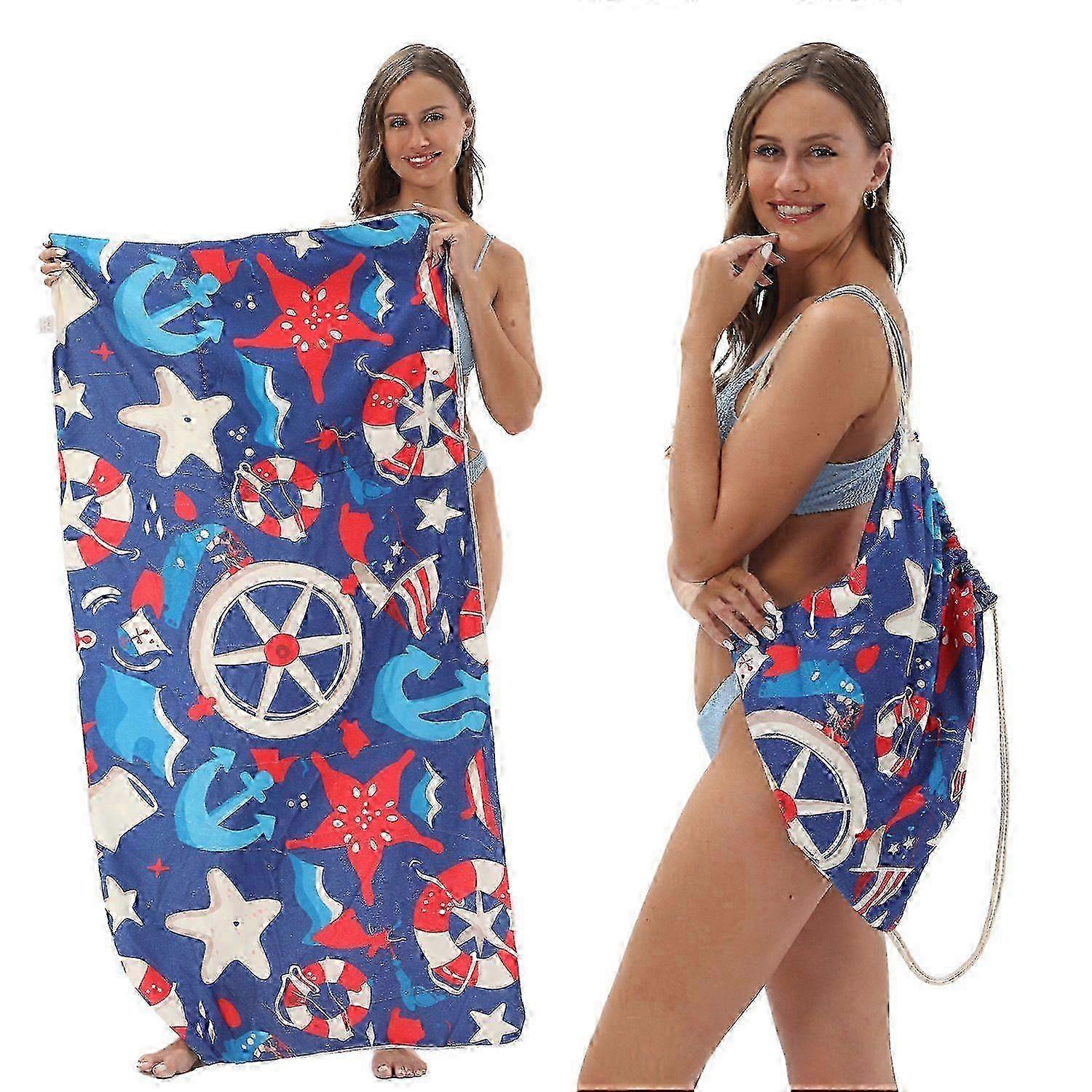 e Serviette de plage 2-en-1 et sac à dos pliable Serviette de bain imprimée en microfibre ultra-douce, compacte et prête à voyager _h