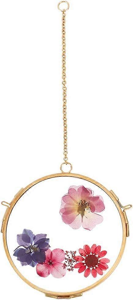 Wall Hanging Mini Photo Frames 3.7 Inch Double Glass Picture Frame with Chain Oblate Brass Frame DIY Vintage Artwork Display Frames for Pressed Flower