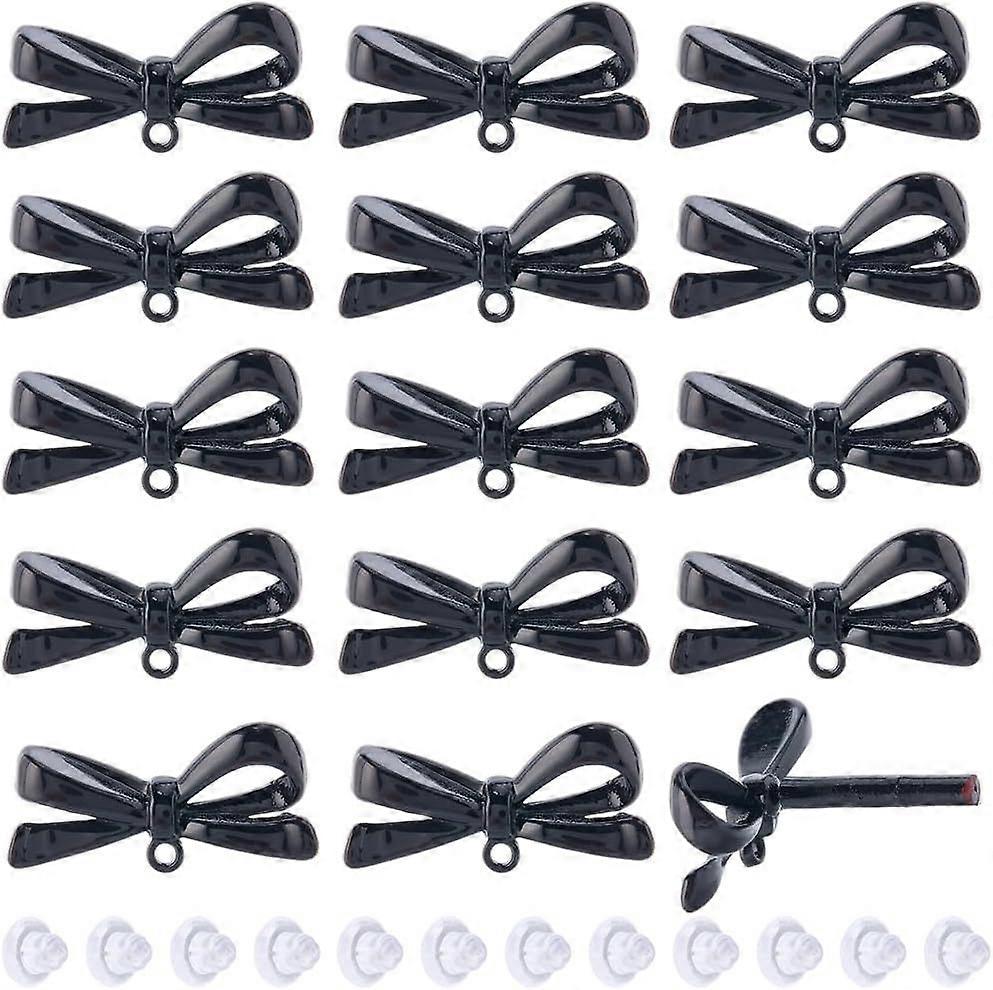 1 Box 24Pcs Earring Posts Black Bowknot Earrings Metal Painted Alloy Coquette Bows Tie Loop Dangle Studs Findings with Clear Plastic Ear Nuts for Jewe