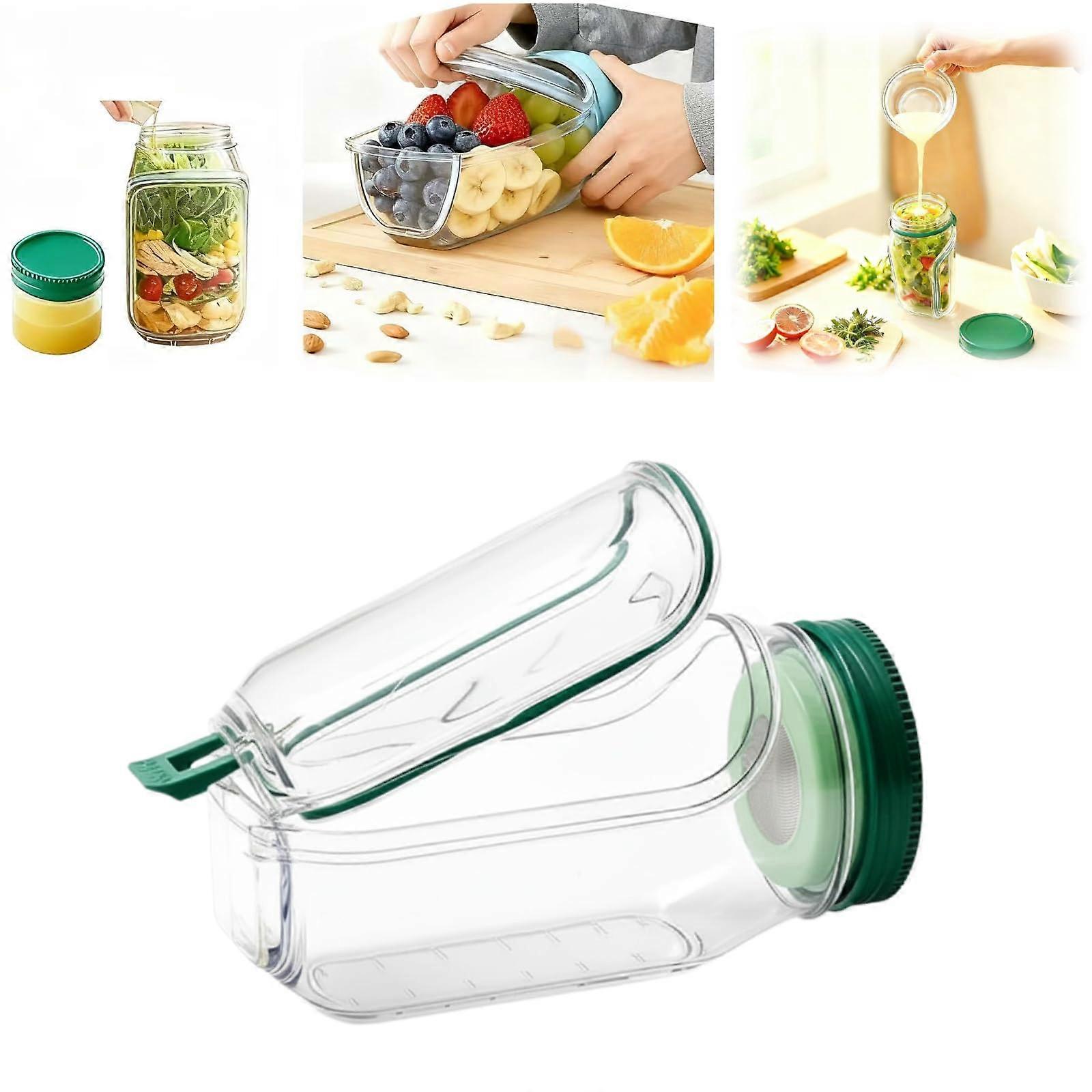 Salad Container with LeakProof Dressing Compartment, Side Opening Mason Jar for Lunch, 1Pc