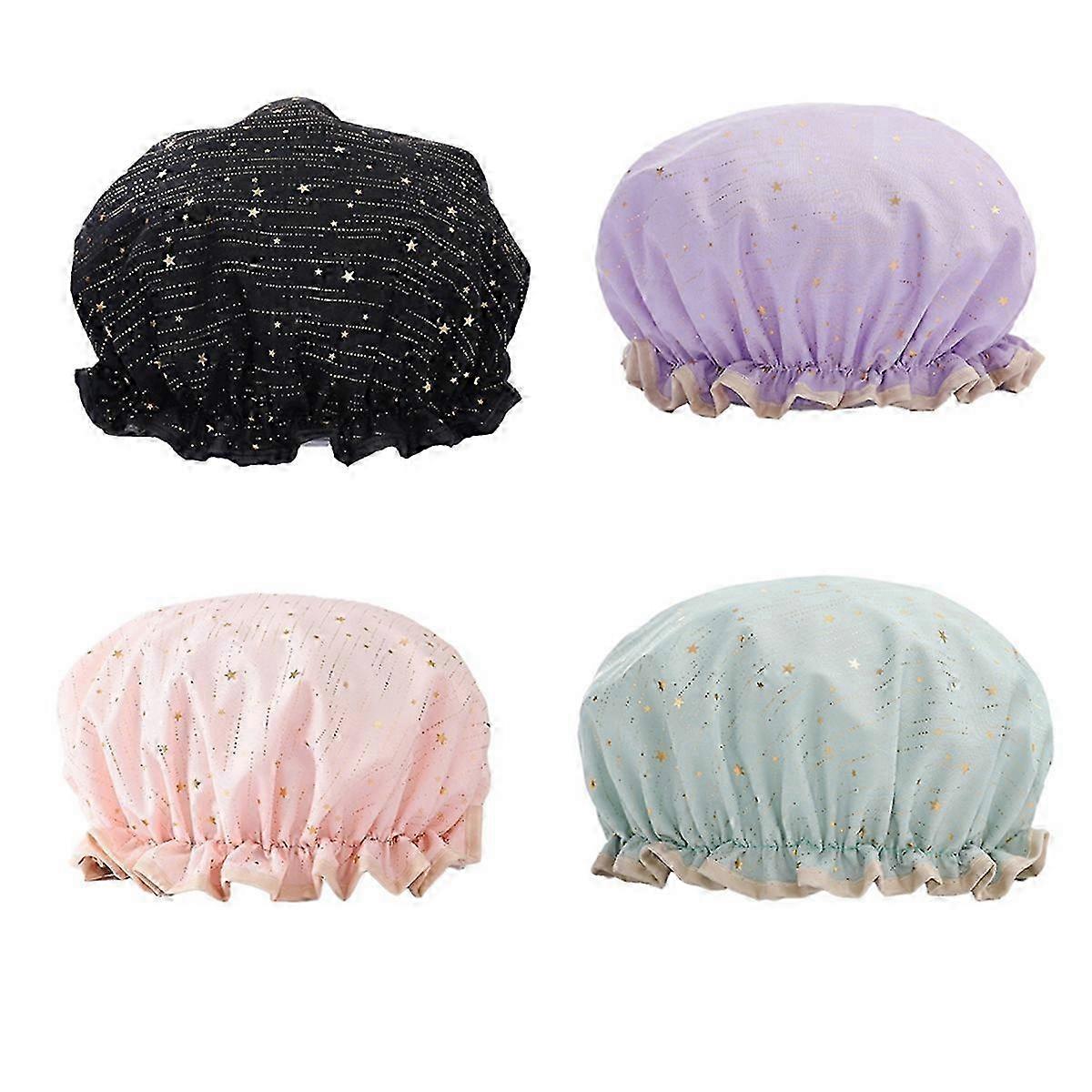 4 Pack Waterproof Reusable Shower Cap, Elastic Bathing Shower Hat