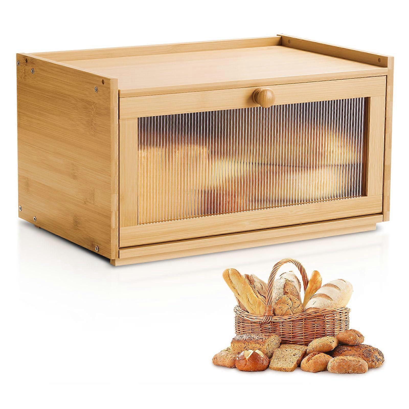 Large Capacity Bamboo Bread Box for Kitchen Counter with Acrylic Door, Farmhouse Stackable Design