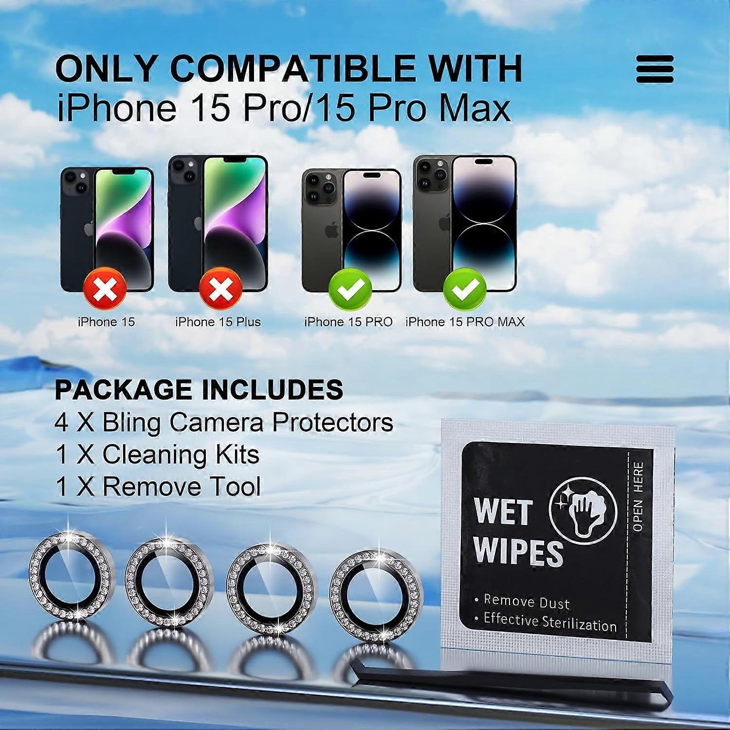 Compatible for iPhone 15 Pro/iPhone 15 Pro Max Camera Lens Protector Bling, 9H