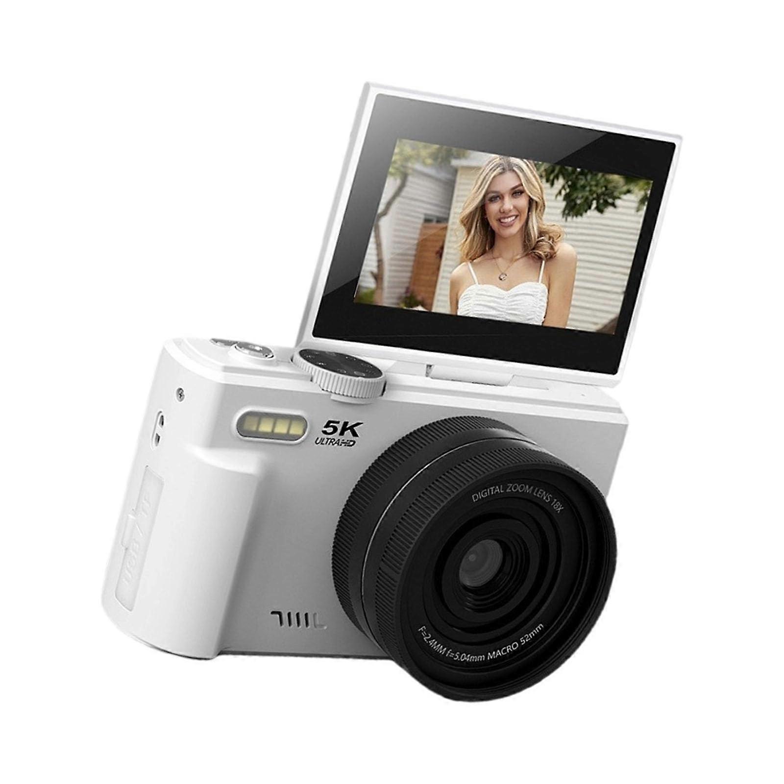 5K Vlogging Camera with Flip Screen 75MP Sensor 18X Zoom Auto Focus for YouTube Creators White