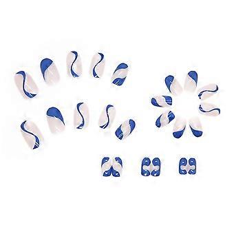 Blue and White Fake Nails Full Coverage Glossy Press On Nails with Glue Quick Salon Manicure Set