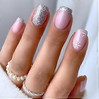 Short Square Press On Nails Kit Pink Acrylic Glitter French Tip Snowflake Design 24Pcs for Women