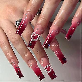 Press on Nails Long Coffin Ombre Fake Nails Wine Red Gradient Heart Pearl Design with Glue 24pcs