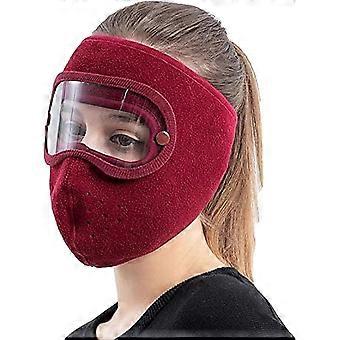 Wine Red Full Face Helmet Cover, Winter Fleece Windproof Riding Mask with HD Goggles.