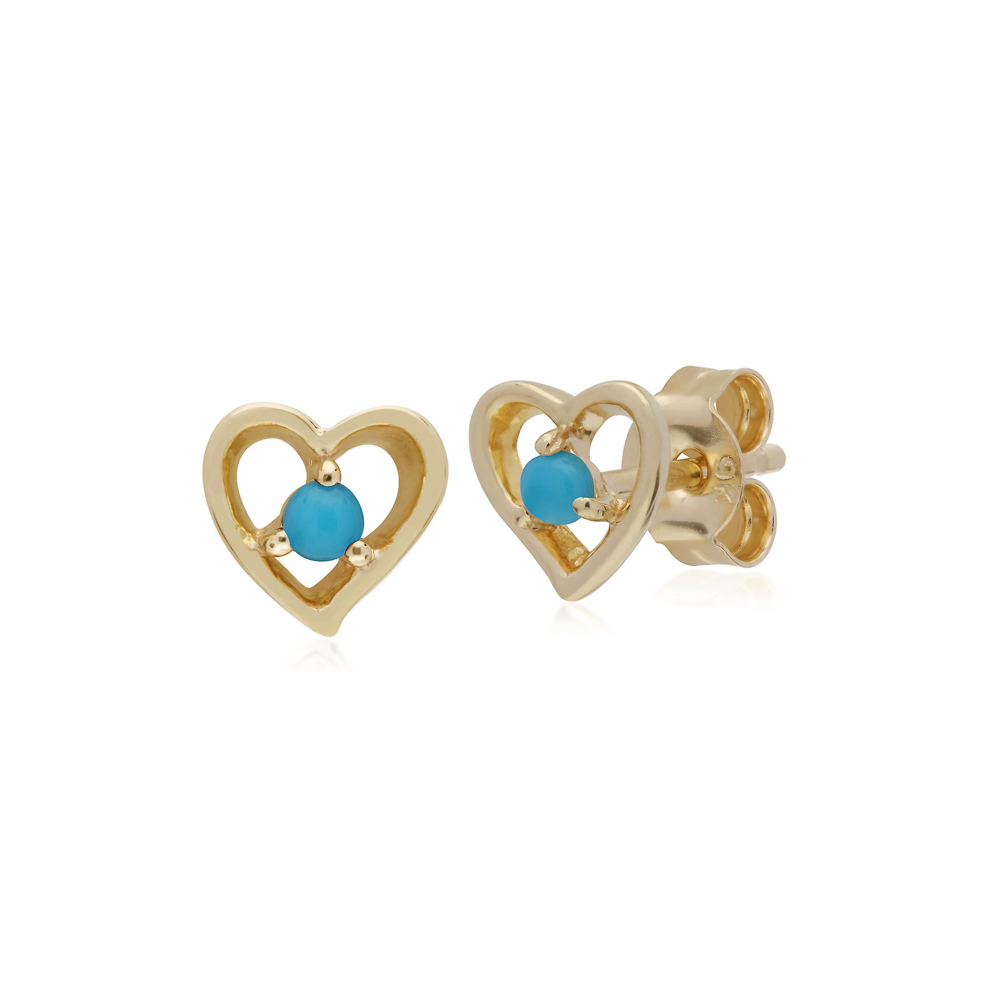 Classic Single Stone Round Turquoise Open Love Heart Stud Earrings in 9ct Yellow Gold 135E1564019