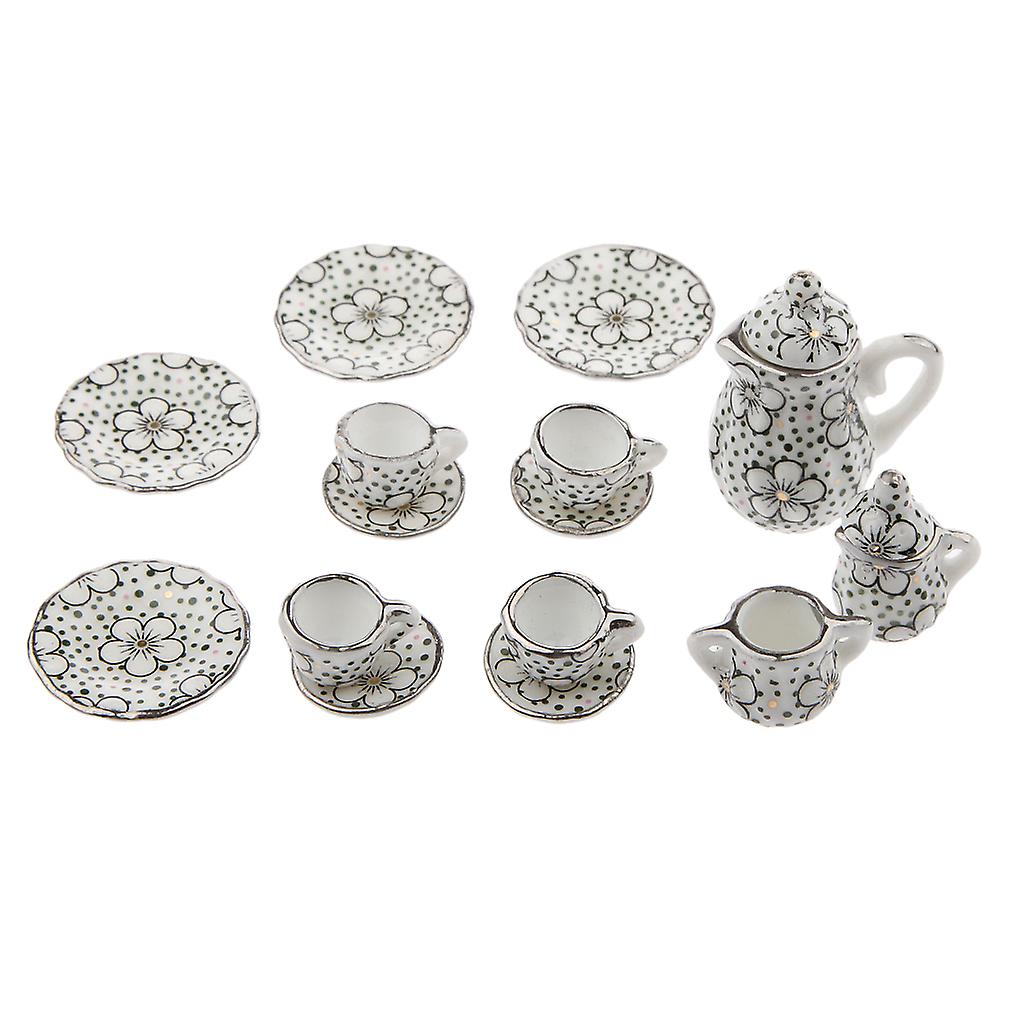 17pcs 1:12 Dolls House Miniature Dining Ware Tea Set Flower Dot Pattern