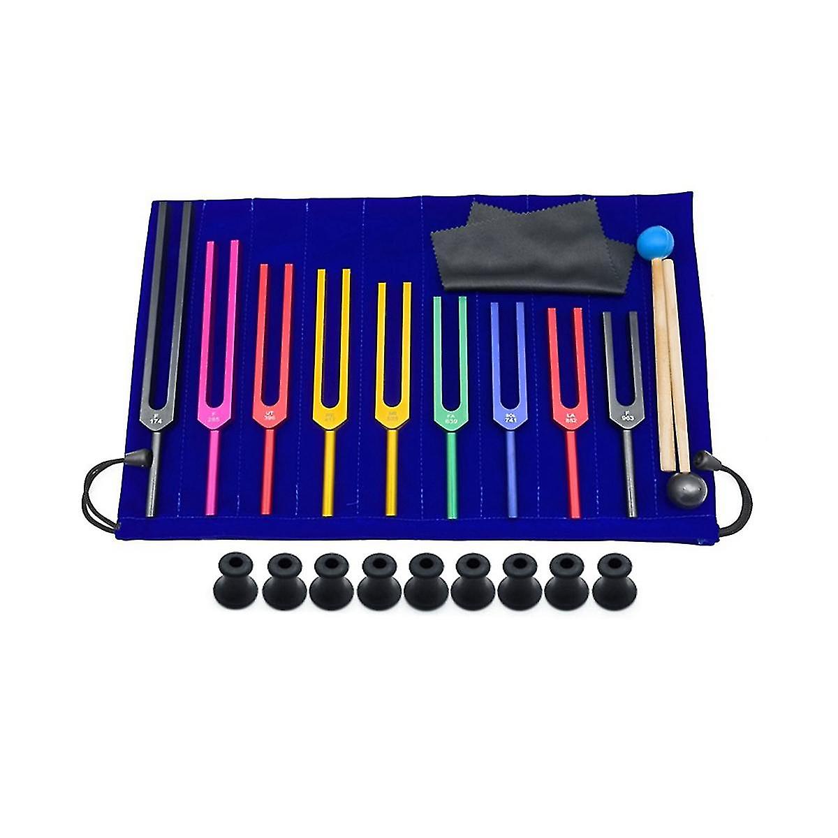 9 stycken färgglada Solfeggio aluminiumlegering stämgafflar, stämgafflar för terapi, röstterapi svart